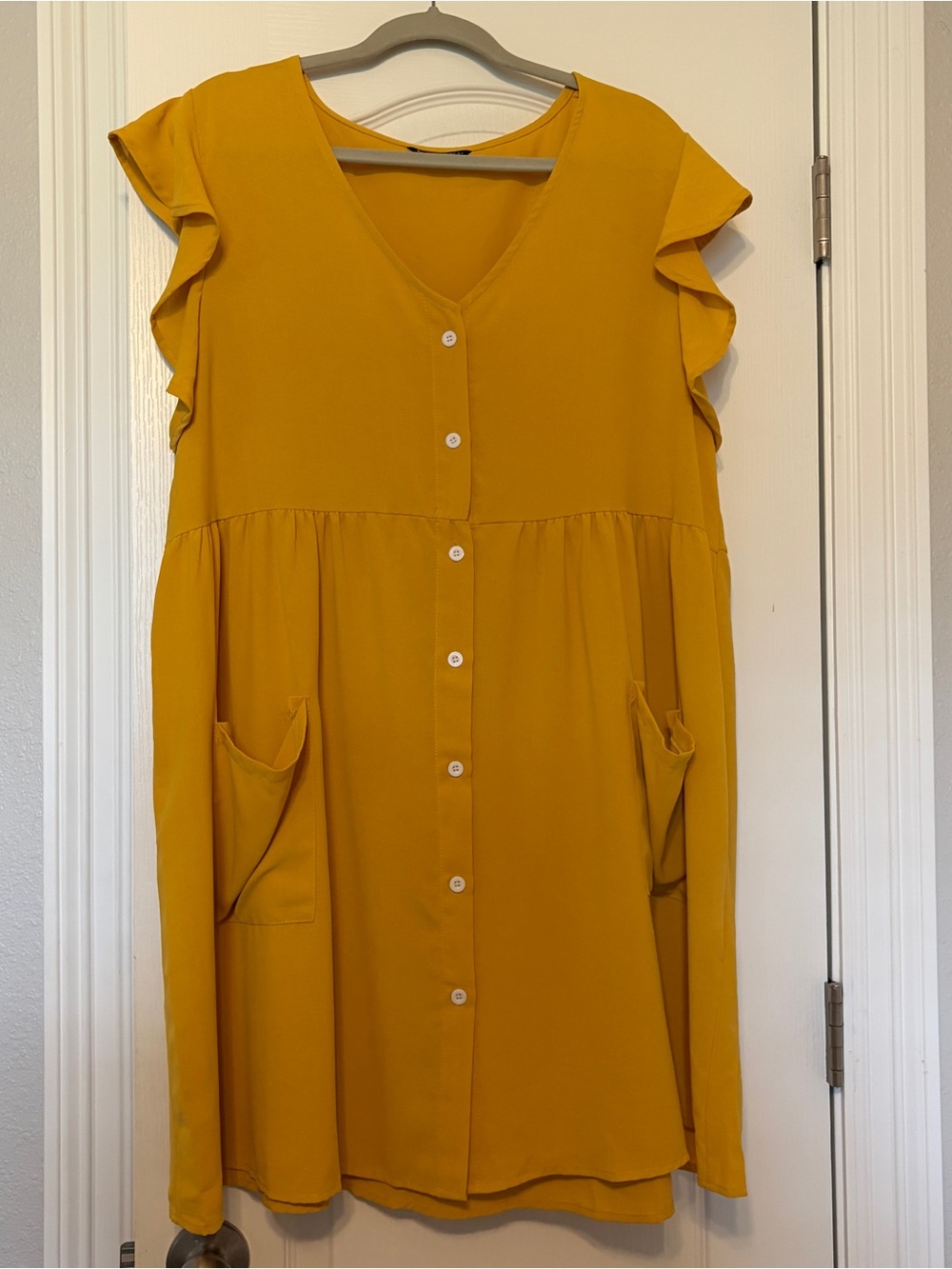 SHEIN Mustard Yellow Button-Front Flutter Sleeve Mini Dress
